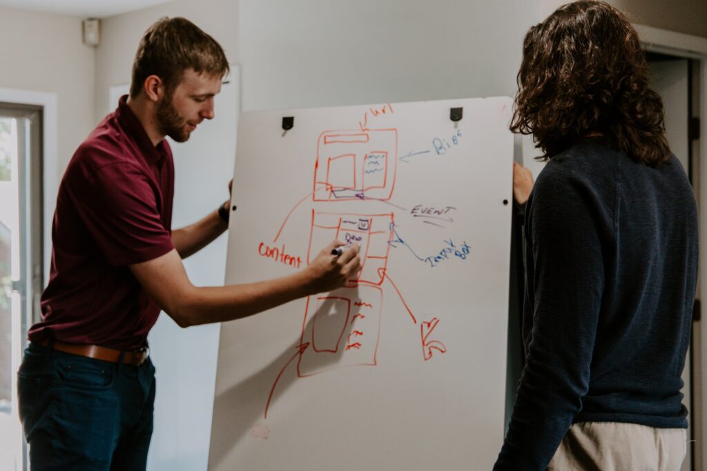 Two people working together in front of a whiteboard.