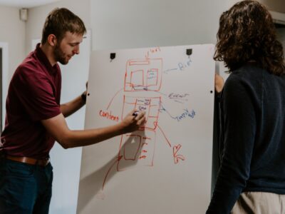 Two people working together in front of a whiteboard.