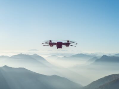 A hi-tech drone flying midair.