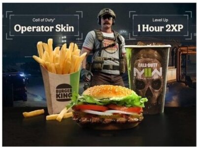 Burger King ad showing meal with "Call of Duty Operator Skin" in the background.