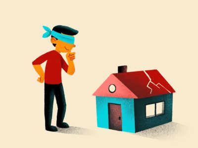 Illustration of a person looking at a broken house with a blindfold on.