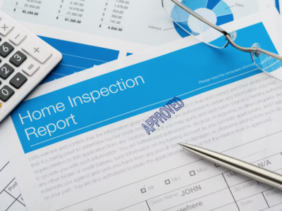 Stack of papers labeled "Home Inspection Report" that has been stamped "Approved."