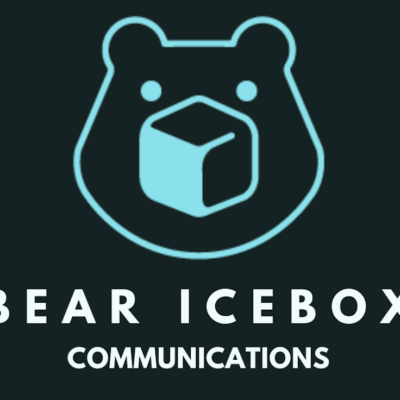 Logo of a bear’s head outlined in light blue, with a blue ice cube at the center. Below the graphic, the words “BEAR ICEBOX COMMUNICATIONS” are written in bold, white capital letters.