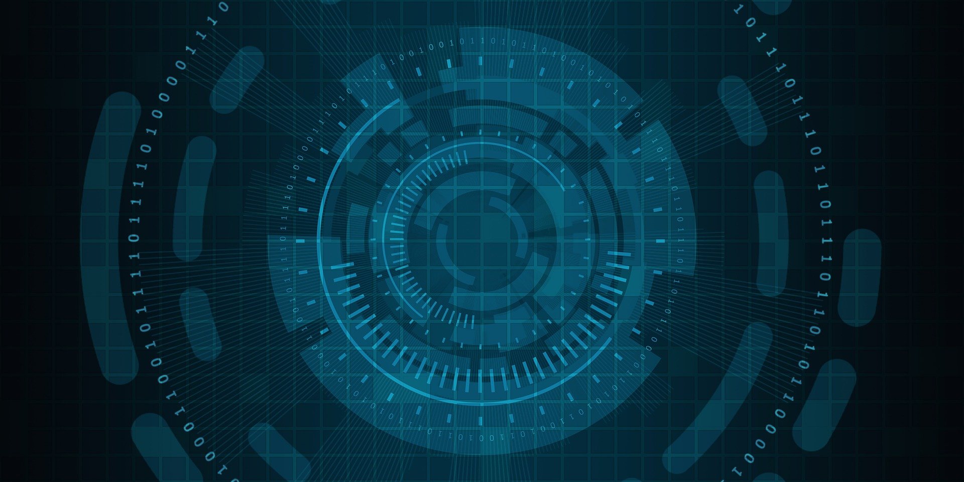 Futuristic blue digital interface with circular geometric patterns, HUD elements, grids, and binary code, resembling technology or a sci-fi computer screen.