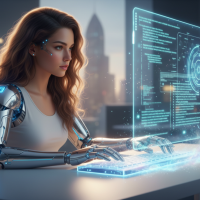 A woman with robotic arms types on a futuristic keyboard, facing a large holographic computer screen displaying data and graphics in a modern city office at dusk.