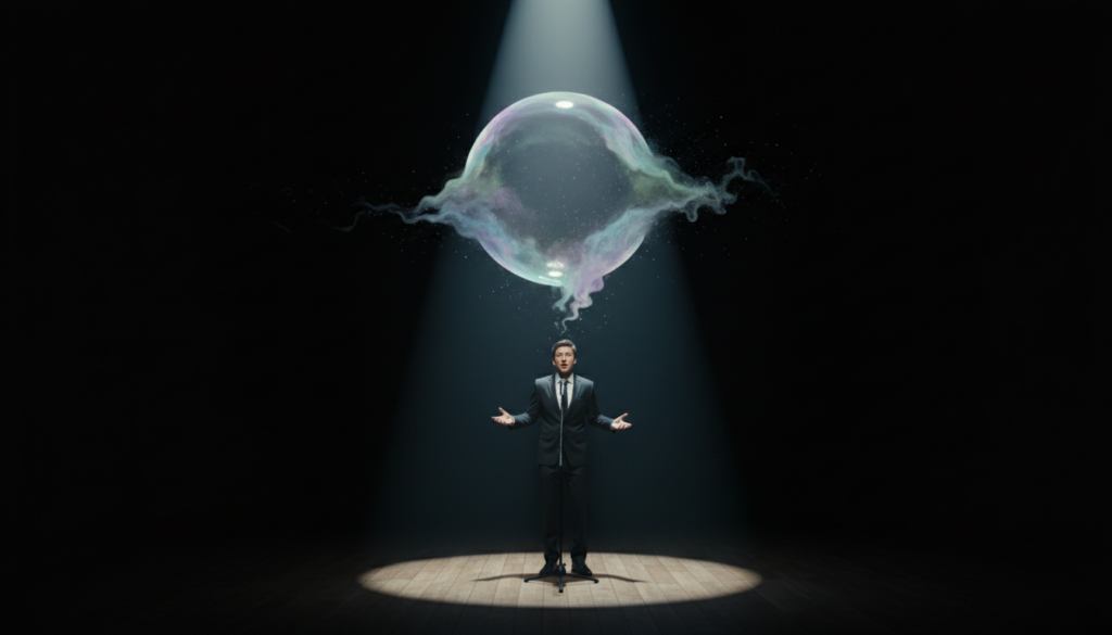 A man in a suit stands under a spotlight on a dark stage, with a large, glowing, mystical bubble floating above his head, emitting wisps of smoke or energy.