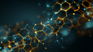 A digital illustration of interconnected glowing hexagons and lines forming a complex network, resembling a molecular or blockchain structure, set against a dark, blurred background.