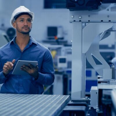A man wearing a white hard hat and blue shirt holds a tablet while inspecting machinery in an industrial factory. Two other workers in safety gear are visible in the background.