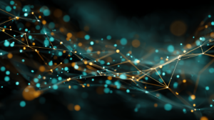 Abstract image of interconnected blue and orange glowing dots linked by lines, resembling a digital network or neural connections, set against a dark, blurred background.