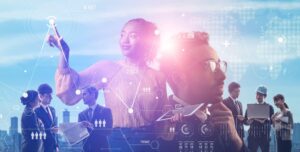 A futuristic business collage with diverse professionals interacting with digital interfaces, data graphics, and technology icons overlaid, symbolizing innovation, teamwork, and global connectivity.