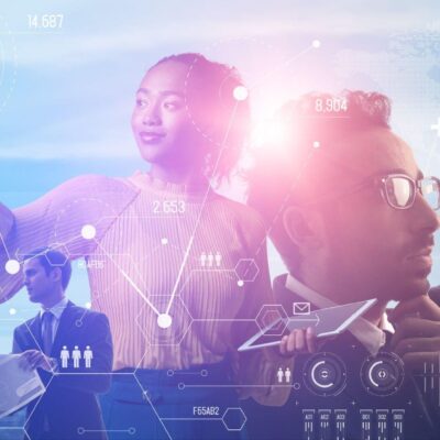 A futuristic business collage with diverse professionals interacting with digital interfaces, data graphics, and technology icons overlaid, symbolizing innovation, teamwork, and global connectivity.