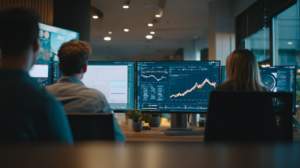 Three people sit at a desk in a modern office, looking at large monitors displaying graphs, charts, and data analytics, suggesting financial analysis or stock market monitoring.