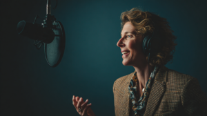 A person with curly hair wearing headphones and a brown plaid blazer speaks into a large microphone in a dimly lit recording studio.