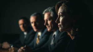 Four business professionals in suits sit in a row at a table, with the focus on a woman in the foreground; the background is dark and the other three men are slightly blurred.