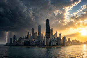 A city skyline by the water with dark storm clouds and lightning on one side, and bright sunlight breaking through clouds on the other.