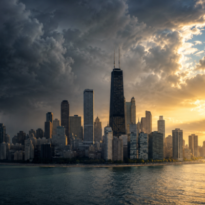 A city skyline by the water with dark storm clouds and lightning on one side, and bright sunlight breaking through clouds on the other.